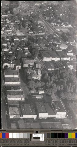 Aerial view of downtown Eugene showing old courthouse., c. 1960s [b001] [168] show page link