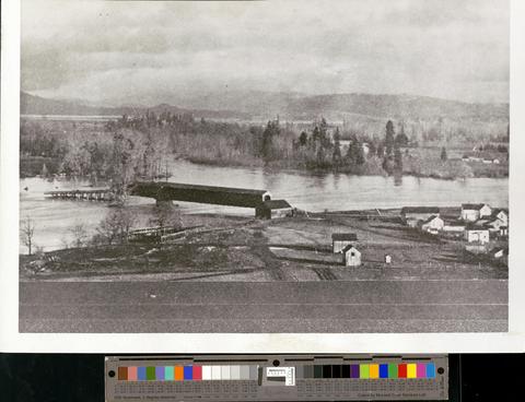 Covered bridge during flood stage of Willamette., c. 1900 [b001] [018] show page link