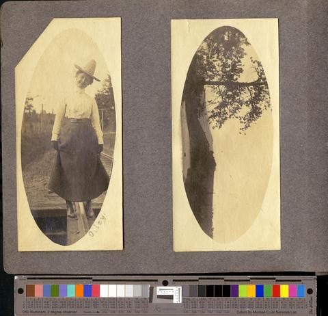 Leila Straub, photographer's sister, posing on railroad track, with annotation of "Oiley", c. 1901 [b001] [019] [012] show page link