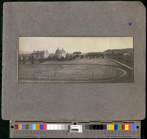 View of UO campus, showing Deady and Villard and track of Kincaid Field; published in 1902 "Webfoot" yearbook, c. 1901 [b001] [019] [003] show page link