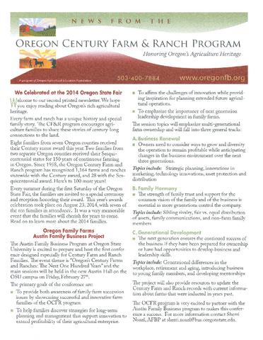 Oregon Century Farm & Ranch Program newsletter